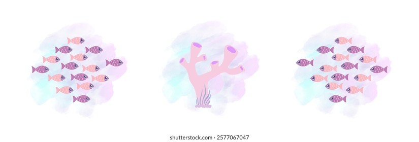 Underwater world. Set posters ocean or sea. Vector illustration banner, card, postcard
