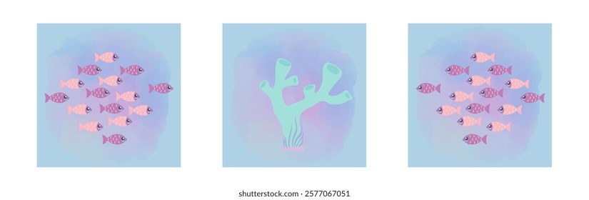 Underwater world. Set posters ocean or sea. Vector illustration banner, card, postcard