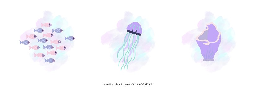 Underwater world. Set posters ocean or sea. Vector illustration banner, card, postcard