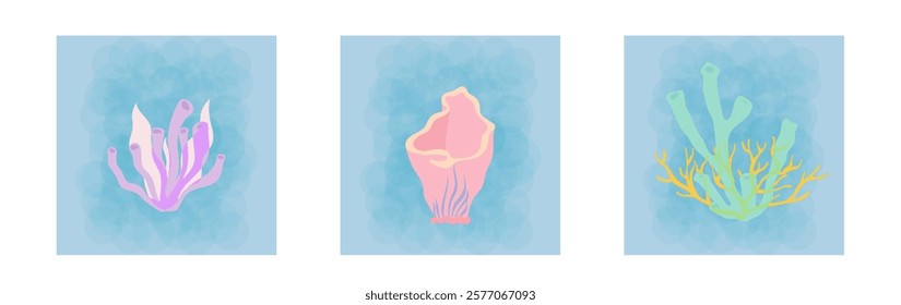 Underwater world. Set posters ocean or sea. Vector illustration banner, card, postcard