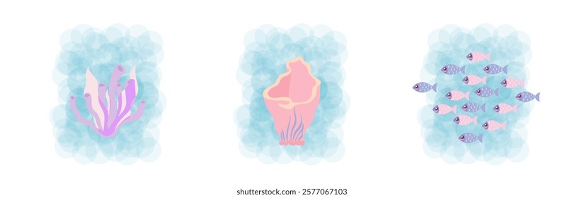 Underwater world. Set posters ocean or sea. Vector illustration banner, card, postcard