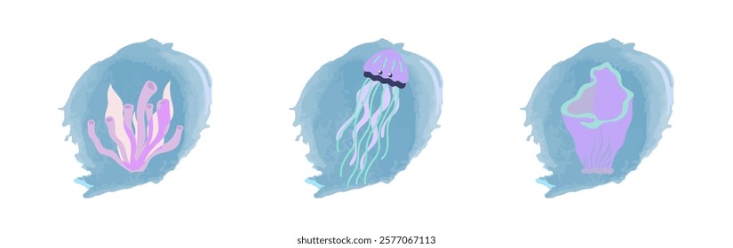 Underwater world. Set posters ocean or sea. Vector illustration banner, card, postcard