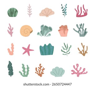 Underwater world set in scandinavian style with coral, seaweed, shell and starfish for peaceful marine decoration, illustration and creative ocean design projects