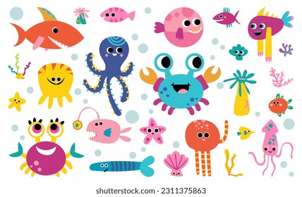 Underwater world shadow matching exercise game vector set. Printable worksheet page nursery childish activity playful character, fish, seashell, octopus, cute shark, starfish, crab, squid, 