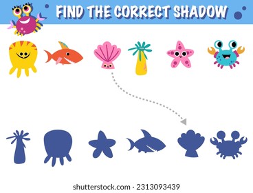 Underwater world shadow matching exercise game vector. Printable worksheet page nursery childish activity playful character, fish, seashell, octopus, cute shark, starfish, crab, squid, 