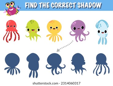 Underwater world shadow matching exercise game vector. Printable worksheet page nursery childish activity playful character, fish, seashell, octopus, cute shark, starfish, crab, squid