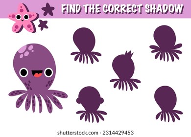 Underwater world shadow matching exercise game vector. Printable worksheet page nursery childish activity playful character, fish, seashell, octopus, cute shark, starfish, crab, squid