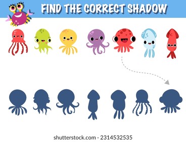 Underwater world shadow matching exercise game vector. Printable worksheet page nursery childish activity playful character, fish, seashell, octopus, cute shark, starfish, crab, squid