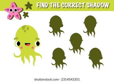 Underwater world shadow matching exercise game vector. Printable worksheet page nursery childish activity playful character, fish, seashell, octopus, cute shark, starfish, crab, squid