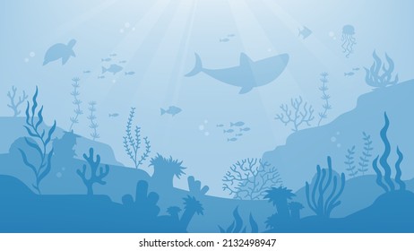 Underwater world silhouette background, marine life scene. Undersea with sea animals, fish, corals, seaweed, turtle, jellyfish, shark vector illustration