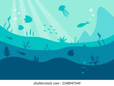 Silueta submarina, vector. Mar azul profundo con peces y algas marinas, simple ilustración plana