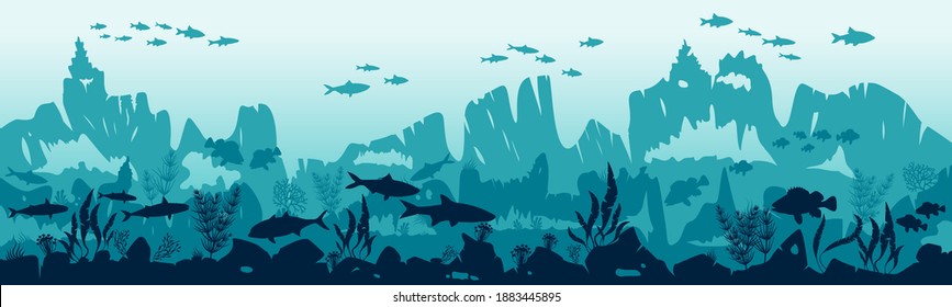 Underwater world with silhouettes of fish and algae on the background of reefs. Vector illustration. Panoramic wallpaper with the underwater world. EPS10. Underwater landscape.