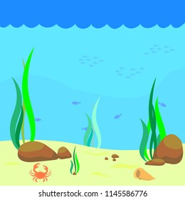 Underwater world with silhouettes of fish, crab and seashell