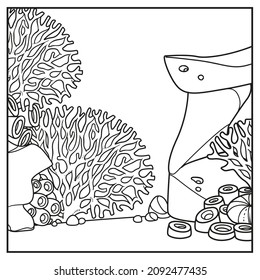 Underwater world simple square background with  stones, corals and algae linear drawing for coloring on a white 