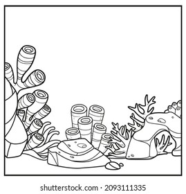 Underwater world simple square background with the stones, sponges, corals linear drawing for coloring on a white 