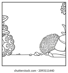 Underwater world simple square background with the stones, corals, and sponges linear drawing for coloring on a white 