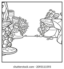 Underwater world simple square background with the stones, corals, sponges and algae linear drawing for coloring on a white 