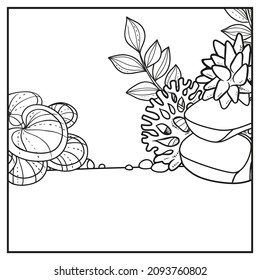 Underwater world simple square background with  stones, corals and algae linear drawing for coloring on a white 