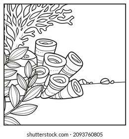 Underwater world simple square background with the sponges, corals, and algae linear drawing for coloring on a white 