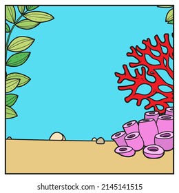 Underwater world simple square background with corals and algae  color variation for coloring page