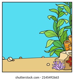 Underwater world simple square background with the sponges, corals, and algae color variation for coloring page