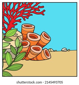 Underwater world simple square background with the orange sponges, corals, and algae color variation for coloring page