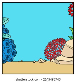 Unterwasser-Welt einfache quadratische Hintergrund mit den Steinen, Korallen und Schwämmen Farbvariationen für Farbseiten