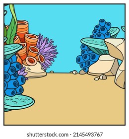 Underwater world simple square background with the stones, corals, sponges and algae color variation for coloring page