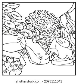 Underwater world square background with the stones, corals, and algae linear drawing for coloring on a white 