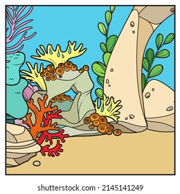 Underwater world square background with the stones, corals, sponges and algae color variation for coloring page