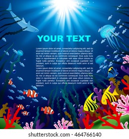 Underwater world square background of tropical sea with coral reefs, fishes and bright beams of sunlight. Vector illustration 