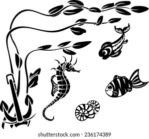 Underwater World, stencils, algae, fish and seahorse