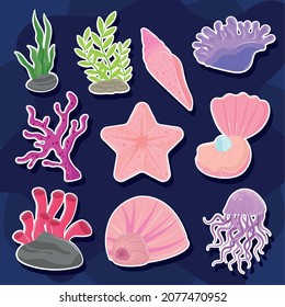 underwater world stickers icon set