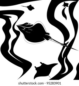 The underwater world. Stingrays swim in the sea. Black and white illustration.