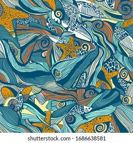Underwater world. Stylized seamless vector pattern. Aquatic environment, fish, starfish, shells, snails. EPS-10