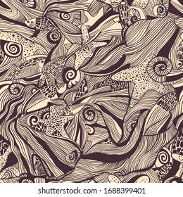 Underwater world. Stylized seamless vector pattern. Aquatic environment, fish, starfish, shells, snails. EPS-10
