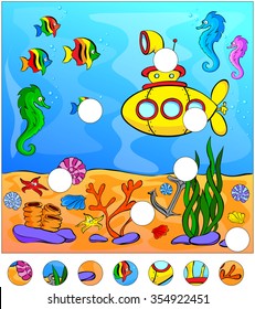 Underwater world and submarine: complete the puzzle and find the missing parts of the picture. Vector illustration. Educational game for kids
