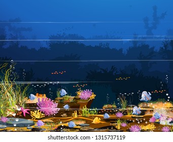 The underwater world in the summer Landscape - the ocean and the underwater world with different residents - coral reefs and fish For website design and mobile phone printing - vector
