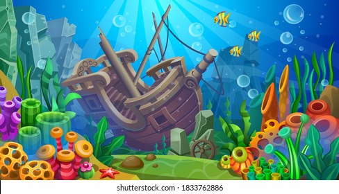 Underwater world. Sunken wooden ship on the seabed. Colorful algaes, coral, sponges, stones and fishes. 