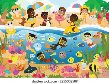 Underwater world and tropical beach in cartoon style. Happy children and fish swim near the coral reefs and play on the shore. Illustration for printable children's puzzles.