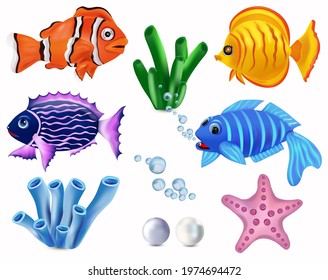 Underwater world, Tropical fish. Clownfish, Addis butterfish, starfish, seaweed. Cartoon character. Vector illustration.