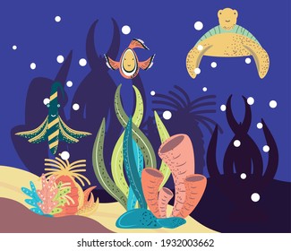 underwater world turtle clown fish coral seaweeds vector cartoon illustration
