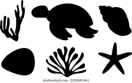 Underwater world turtle coral algae starfish shell silhouette vector illustration