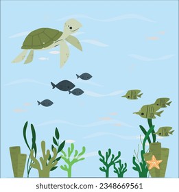  Underwater world. Turtle. corals. A cleaning station is a spot within the reef where fish feed and Turtle's. Hawksbill Sea Turtle flowing in Indian ocean, flock of fish on background. 2293