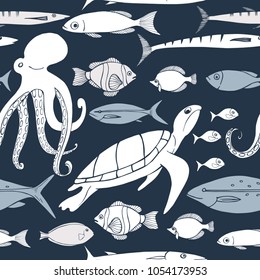 Underwater world. Turtle, octopus and fish.Vector seamless pattern.