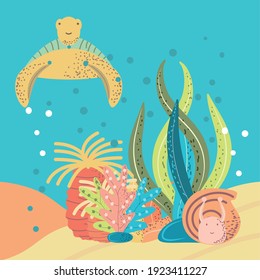 underwater world turtle snail anemone coral and reef vector cartoon illustration