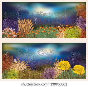 Underwater world two banners, vector illustration