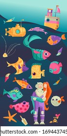 Underwater world. Variety of multicolored fish, deep sea diver and mermaid. Vector illustration