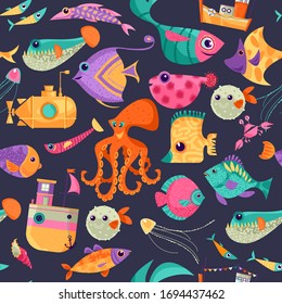Underwater world. Variety of swimming multicolored fish. Seamless background pattern. Vector illustration  