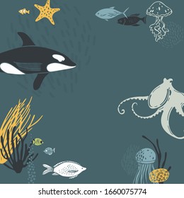 Underwater world. Vector background with hand deawn fish and octopus.